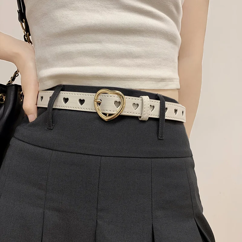 Children Faux Leather Belt Kids Cute Peach Heart Buckle Belts for Girls Solid Waistband Love Heart Eyelet Grommet Waist Belt