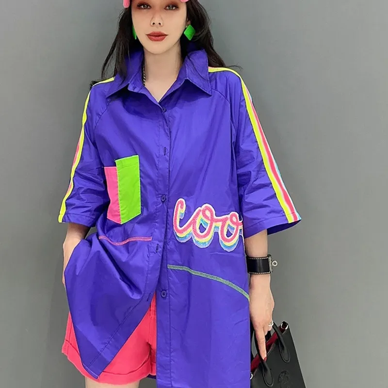 FemaleColorblockedShirtStreetWearThinBlouseShortSleveFor