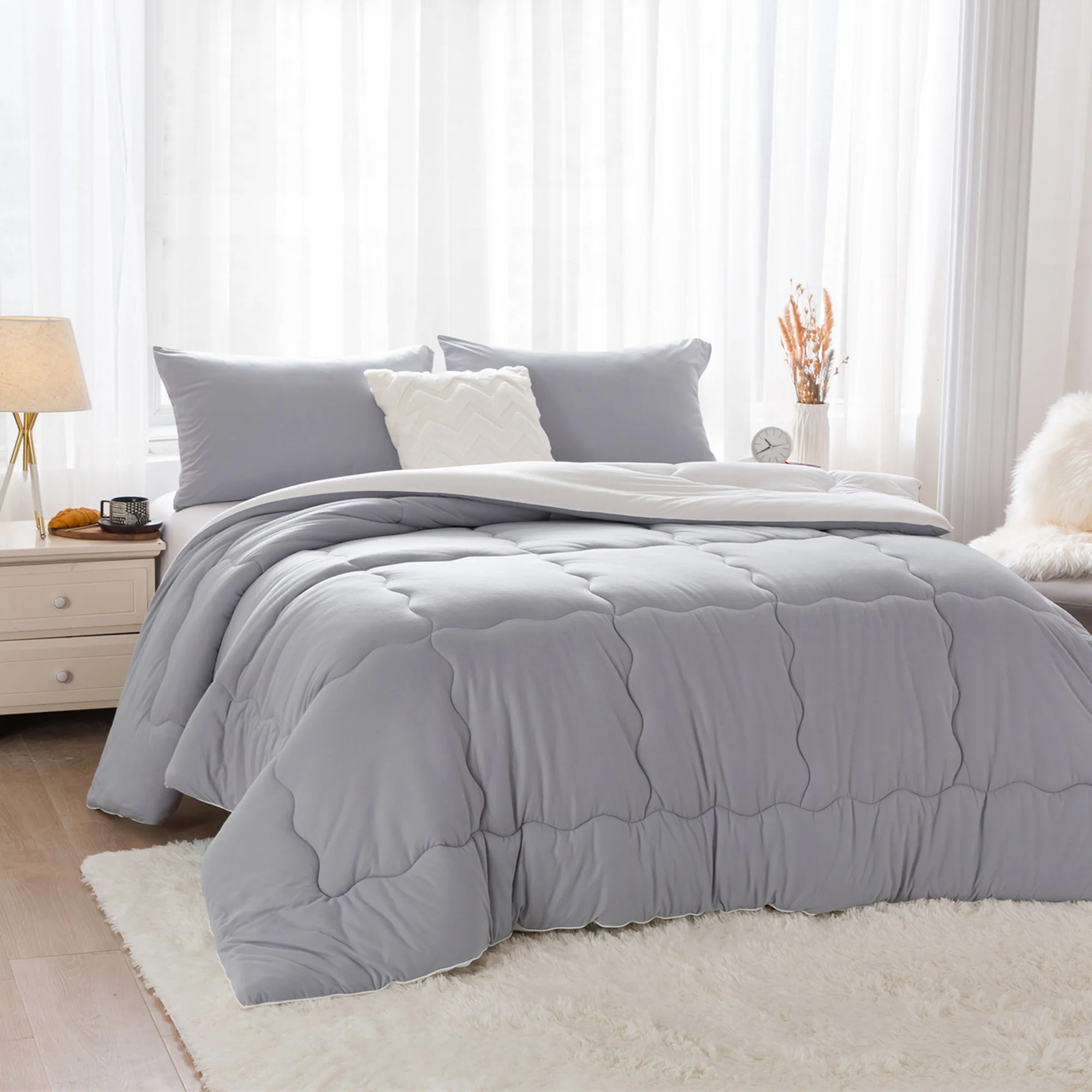 

Набор двусторонних одеял, теплый Ультра-мягкий дышащий пушистый уютный цвет, цвет серый и белый, размер XL