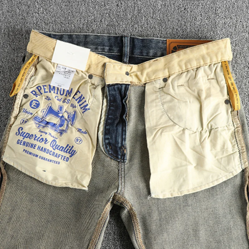Embroidery embellished white to do old American vintage jeans men slim small straight leg fashion all-match youth pants