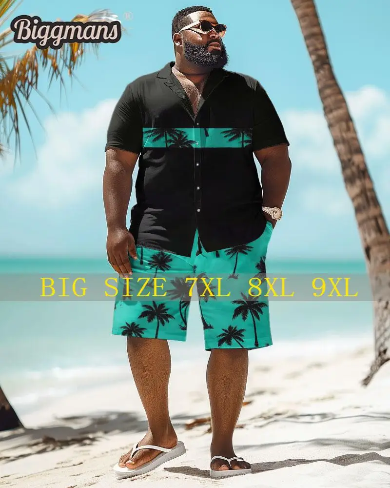 

Biggmans Shirt Plus Size Set L-9Xl for Clothing Summer Barch Oversize Hawaii Coconut Tree Print Shirt Shorts Suit 7XL 8XL