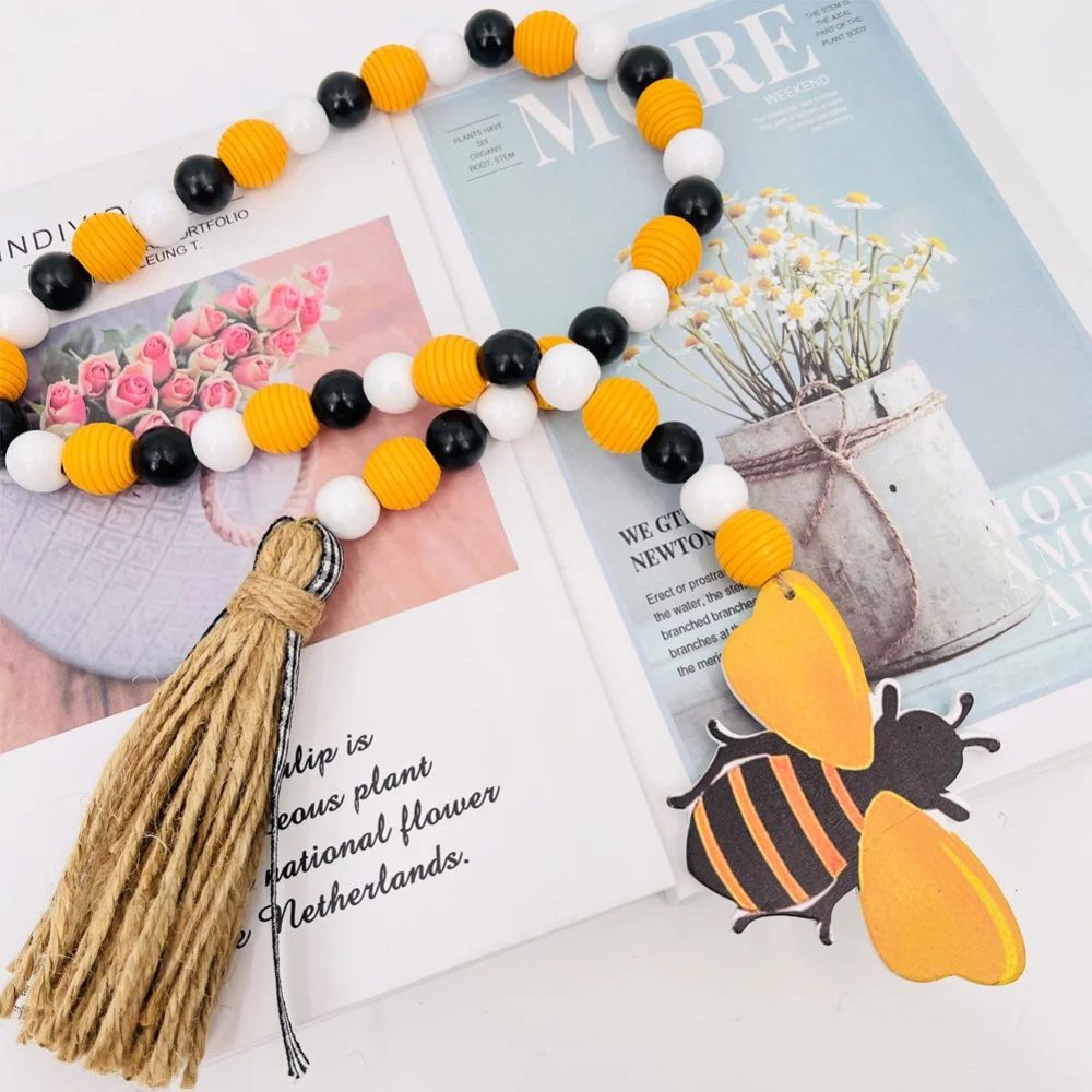 

1PCS Bee Day Wood Bead Garland with Tassels Pendants Party Favor Pendants Signs Wood Bead String Rustic Wall Door Decorations