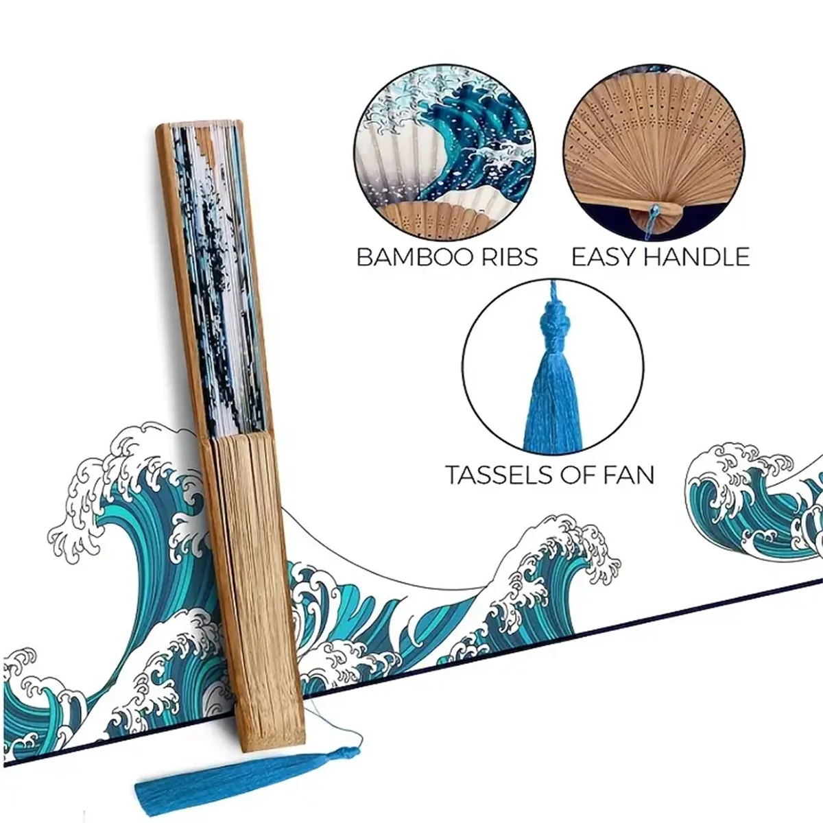1pc, Japanese Folding Fan Handmade Decorative Kanagawa Wave Foldable Fan thumbnail 2