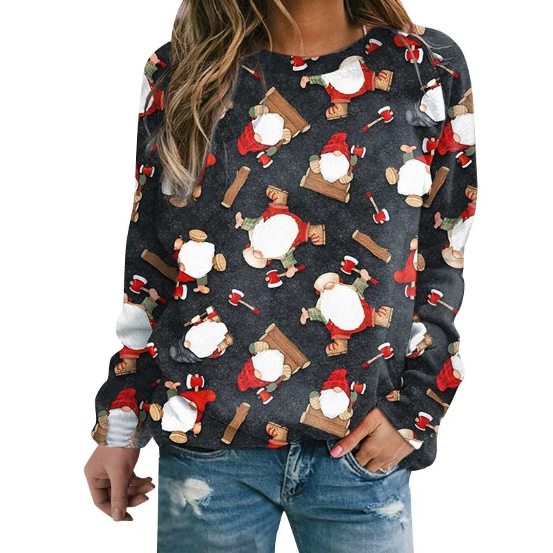 Autumn Winter Women's Pullover Round Neck Cartoon Printed Lantern Plaid Printing Long Sleeve T-shirt Hoodies Fashion Casual Tops