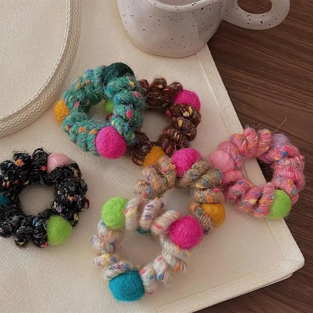 Korean Sweet Multicolor Plush Ball Telephone Line Hair Rope Wool Hair Scrunchies Elastic Rubber Band Ponytail Holder