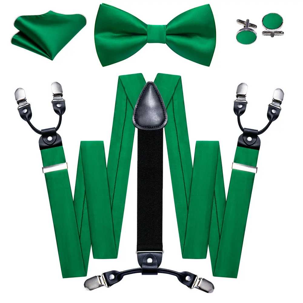 

Elegant Wedding Suspender For Men Fashion Leaf Green Silk Solid Bowtie Handkerchief Cufflinks Set Party Designer Barry.Wang 2096