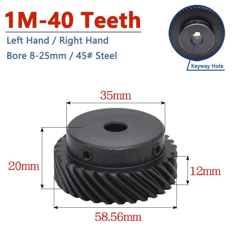 

1pc 1M 40 Teeth Helical Gear 45 Degree 1 Module 40T Staggered Gear Left/Right Hand Steel Gear Keyway Bore 8 10 12 14 15 16-25mm