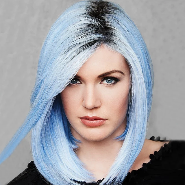GNIMEGIL Synthetic Blonde Wig Bob Short Women Wigs Straight Hair Wig with Bangs Two Tones Sexy Hairstyle Dark Root Ombre Wigs Blue