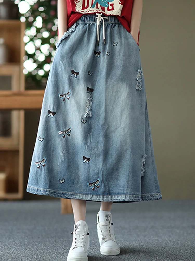 Long Denim High Waisted Jean Skirt 50s Clothing Ripped Jean Skirt