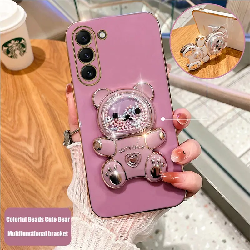Coque de téléphone plaquée avec support d'ours mouvant, étui mignon pour Samsung Galaxy S23 S21 S20 S22 S10 Note 10 20 23 Plus Ultra S21Fe_voghion.com