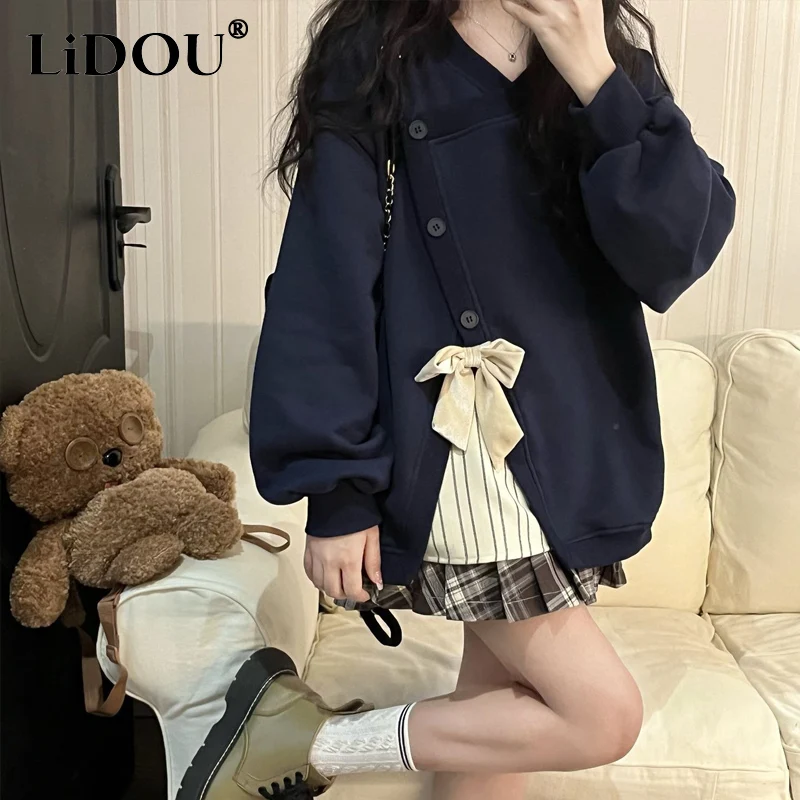 2023 Autumn Winter Fashion V-neck Long Sleeve Sweatshirts Women High Street Bow Patchwork Striped Button Thicken Warm Pullovers