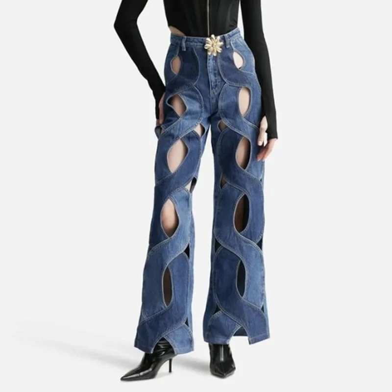 Fashion INS Women Streetwear Cut Out Hollow Criss Cross Straight Flare Denim Pants 2023 Female Wide Leg Jeans Trousers