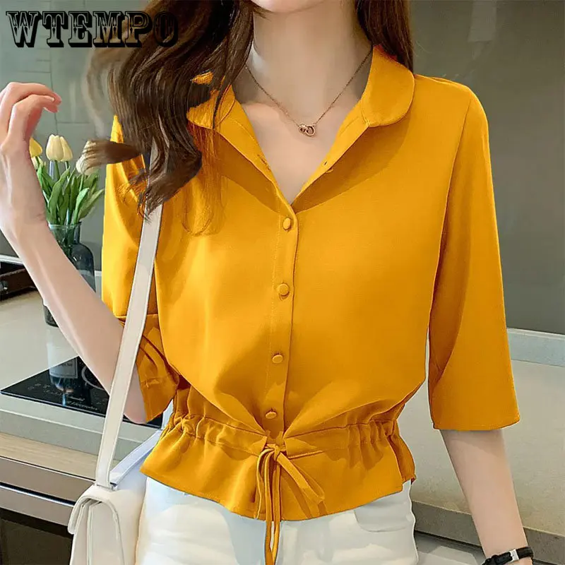 

WTEMPO Female Blouses All-match Solid Half Sleeve Chiffon Shirt Women Summer Fashion Casual Simple Turn-down Collar Chic Top