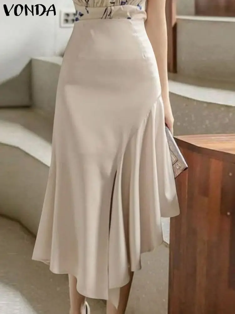 

Women Skirts 2024 VONDA Elegant High Waist Asymmetrical Long Skirt Fashion Casual Solid Color Loose Ruffled Bottoms Femme