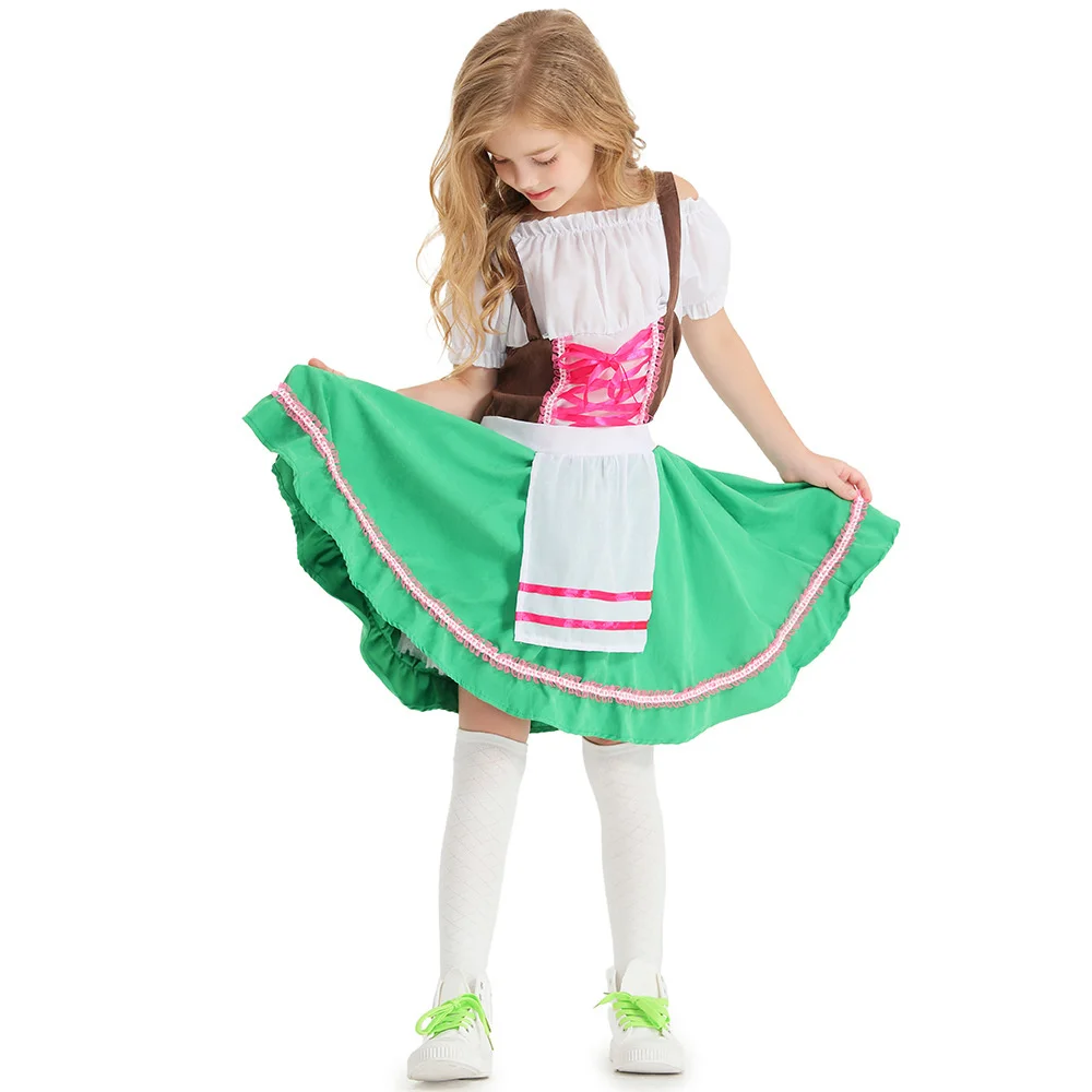 Hot Child German Traditional Oktoberfest Costume Beer Festival Dirndl Girl Cosplay Ethnic Performance Grass Green Dress