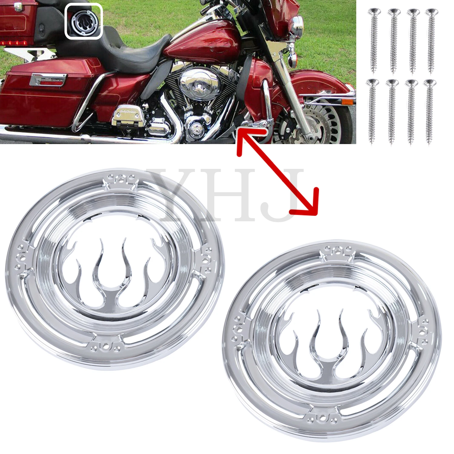 

Flame Rear Speaker Grill Accent Cover For Harley Motorcycle Touring Electra Glide Street Glide Trikes Road Glide 96-2013 Chrome