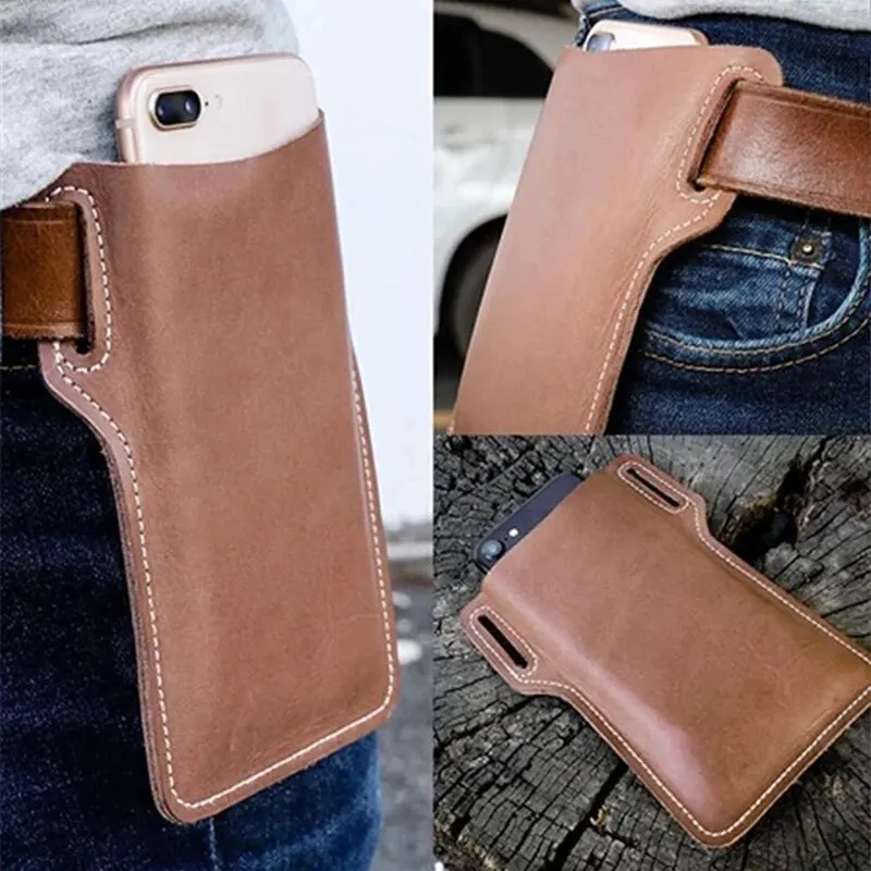 Phone Waist Bag 1PCS Retro Crazy Horse Leather Phone Waist Bag Wearing Belt Men Hanging Waist Bag Outdoor Sports Work Phone