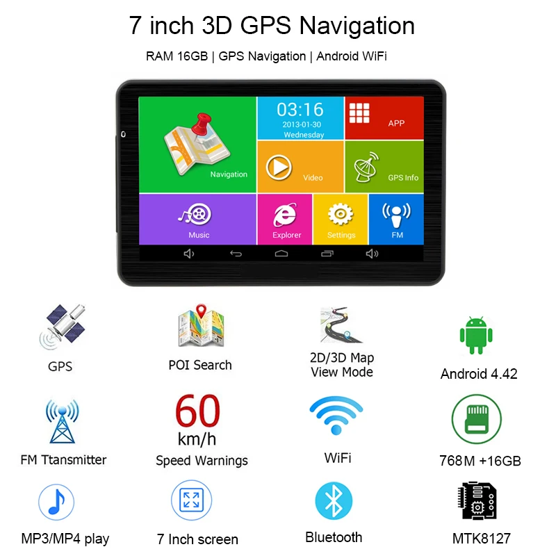 7 inch Car Gps Android Navigation 768M+16GB Truck Gps Navigator Wifi vehicle gps Sat Nav Free Latest europe Portugal Poland Map