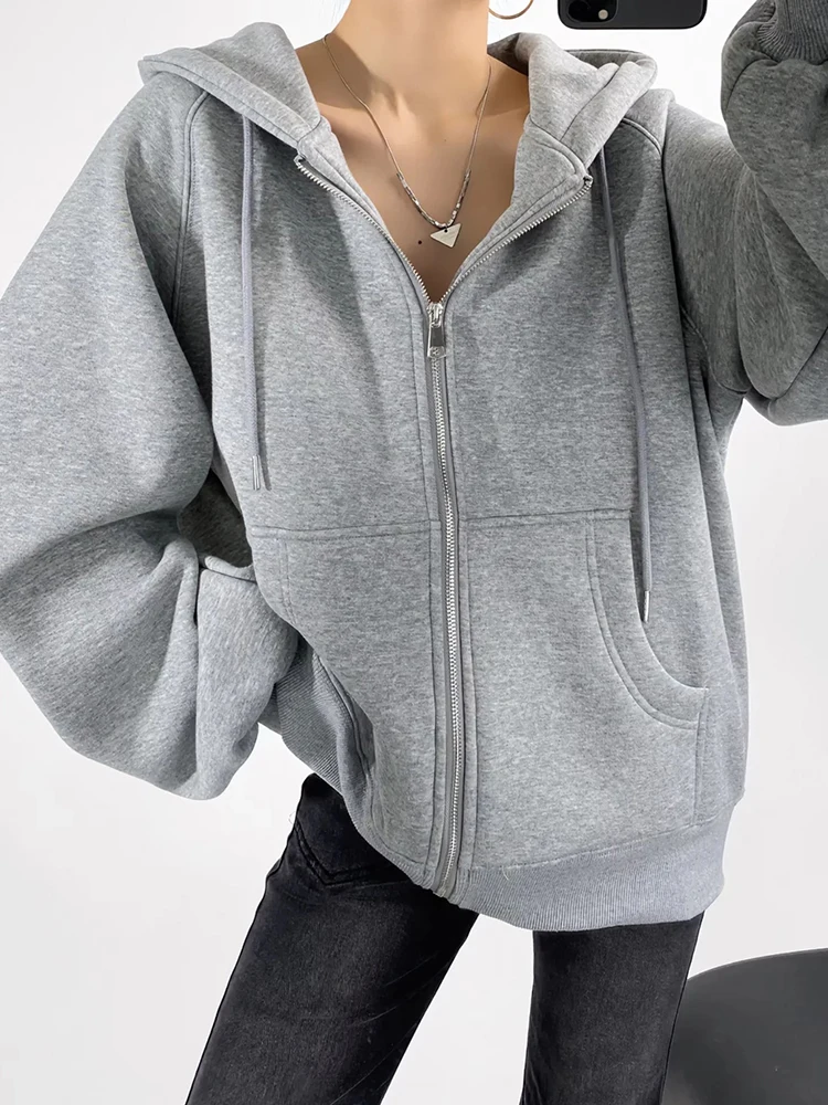 

New Spring Loose Hooded Bomber Jackets Women 2024 Long Sleeved Pocket Sweatshirts Outerwear Autumn Female Zipper Hood Jacket