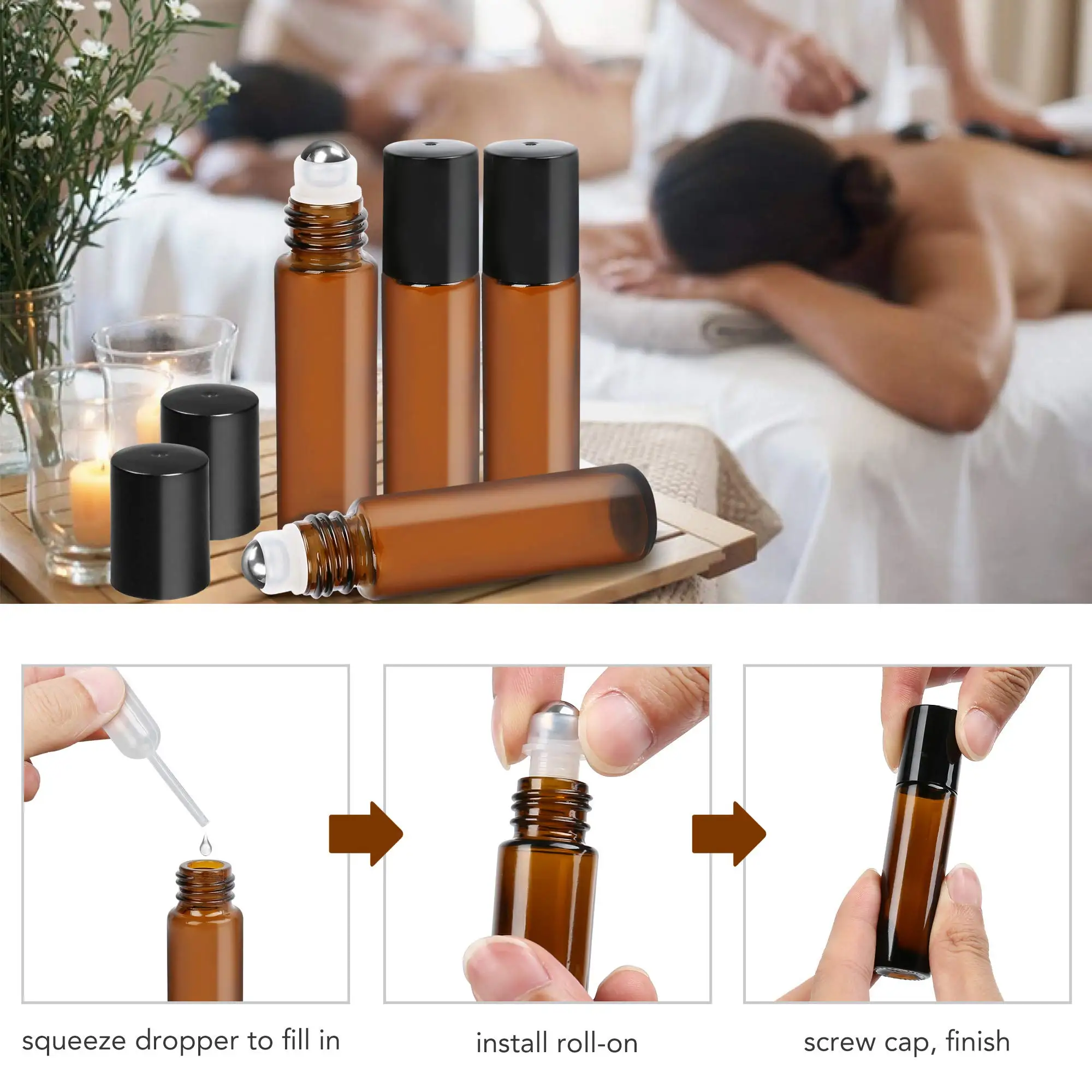 Essential Oil Roller Ball Bottles 6 Amber Glass Bottles with 6 Roller Ball Bottles 2 Funnels 2 Straws 1/6pcs+4 accessories cosmetic bottle set split bottle set