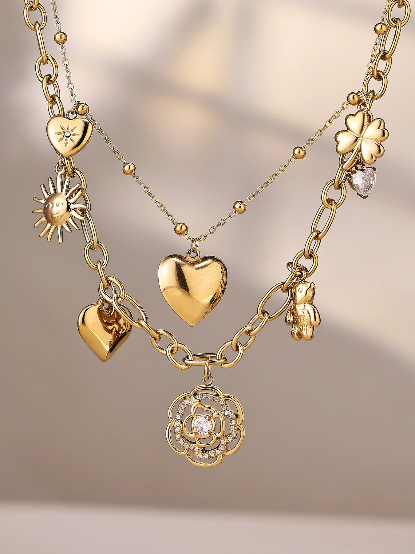 Trendige Blumen-Herz-Halskette mit Zirkonia-Anhänger für Damen, Doppelgliederkette aus Edelstahl, modischer Schmuck, Geschenkidee – Detail 7