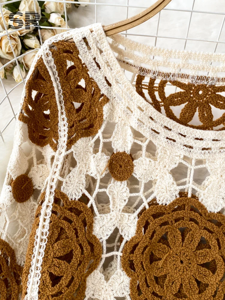 SINGREINY 선 스크린 후크 여름 니트 탑 여성 우아한 O 넥 중공 랜턴 슬리브 숙녀 휴가 술 비치 블라우스