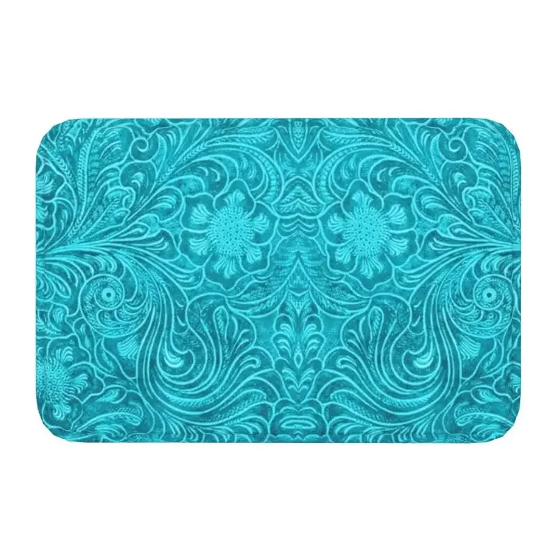 

Custom Turquoise Leather Texture Look Doormat Mat Anti-Slip Embossed Floral Pattern Bathroom Kitchen Toilet Rug Carpet 40*60cm