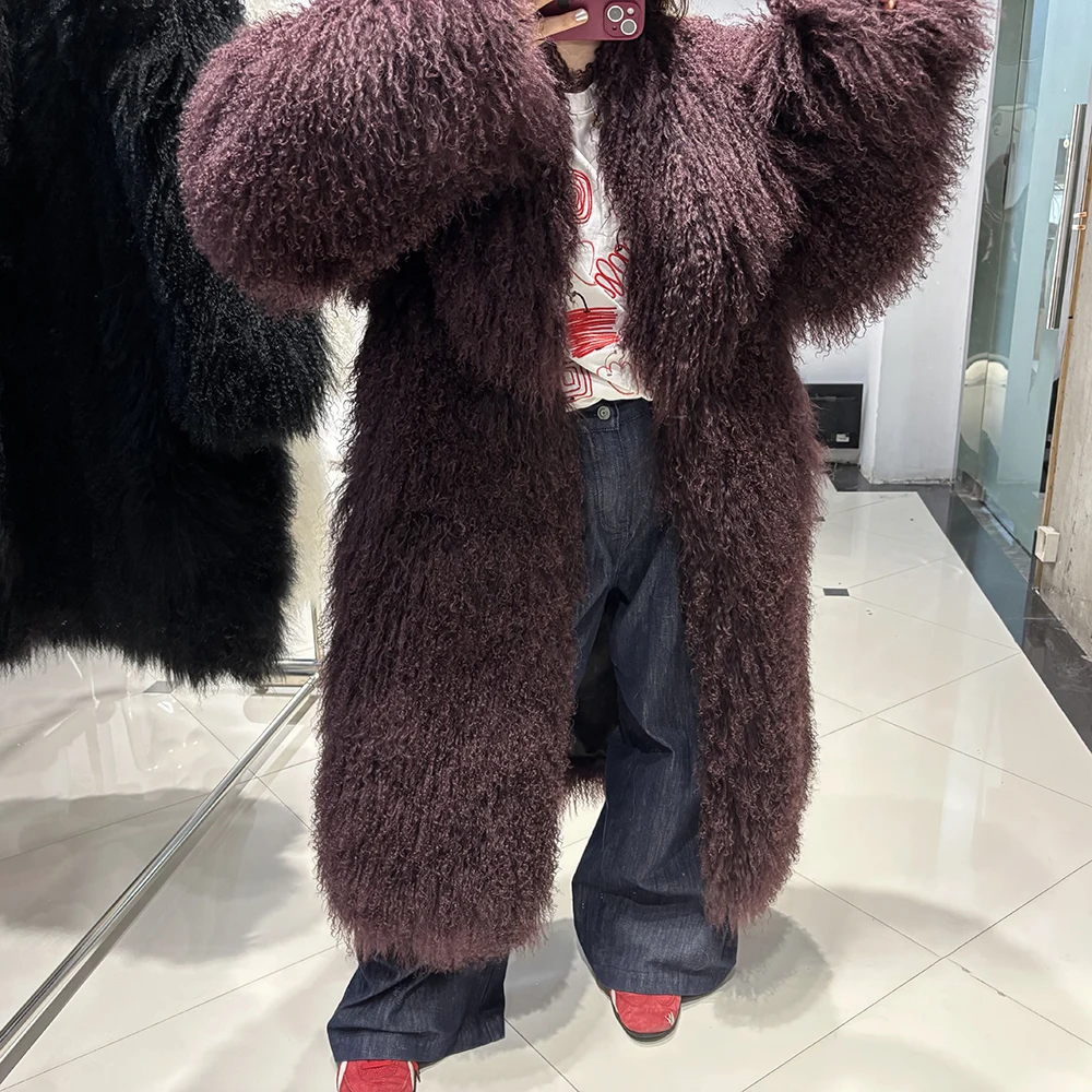 YOLOAgain 2025 Winter Warm Turn-Down Collar Real Mongolia Sheep Fur Jacket Long Women Plus Size 6XL Outerwear