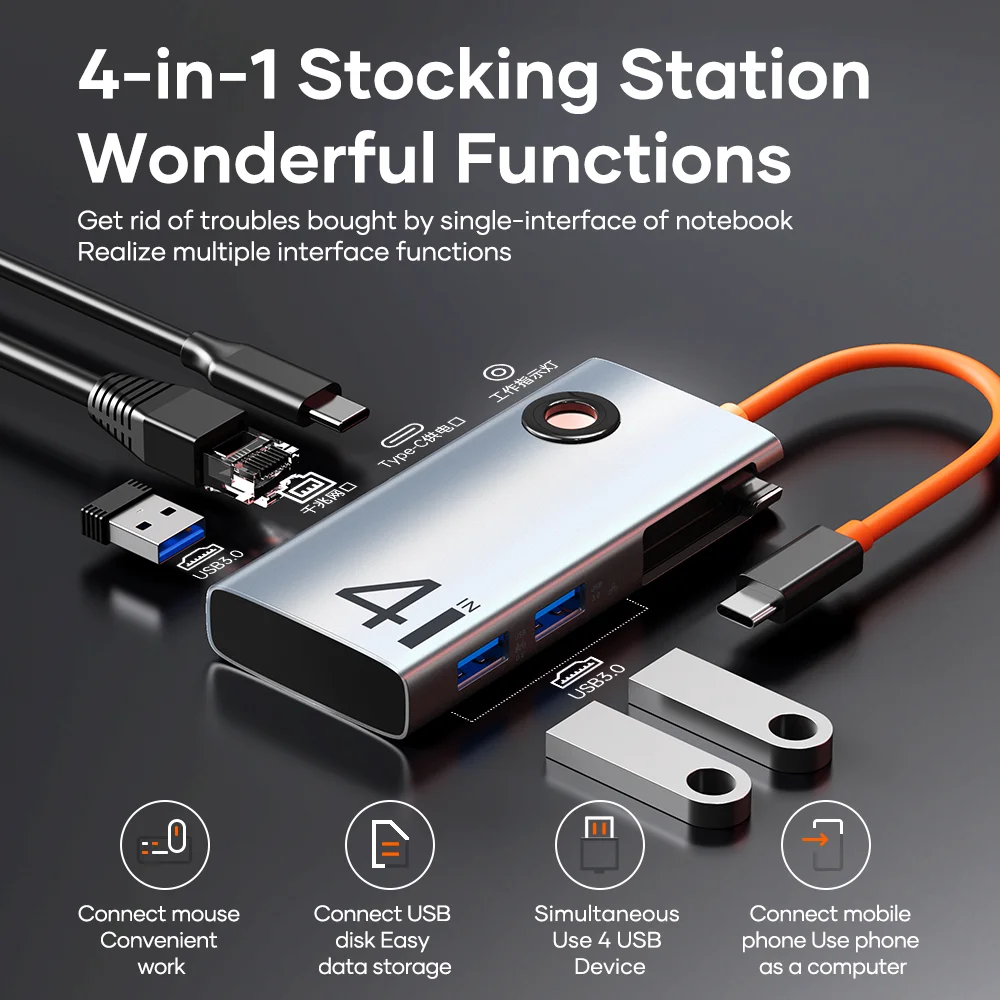 ROCK USB 3.0 HUB Type C to RJ45 USB 3.0 Adapter, Ethernet Port, Docking Station for Macbook, Xiaomi, Dell, iPad, Huawei, 4 in 1