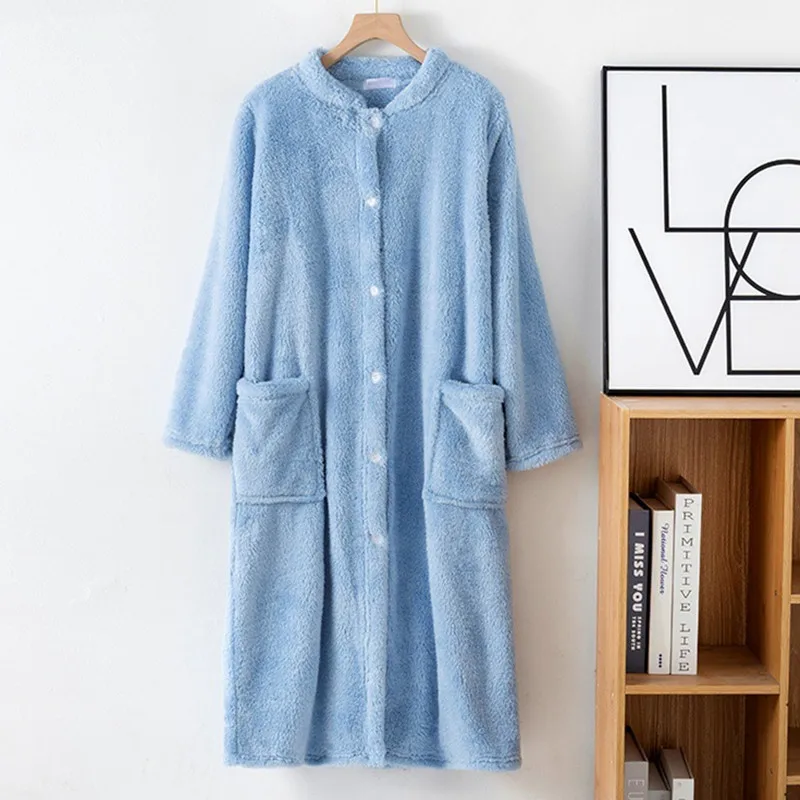 Autumn Winter Thick Bathrobe Women Comfortable Coral Fleece Button Sleepwear Robe Female Dressing Gowns Loose Flannel Robes women sleepwear,cotton bathrobe