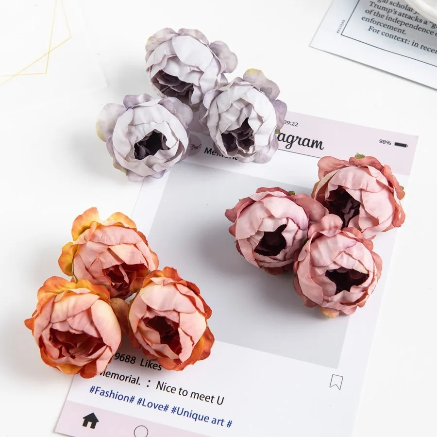 10/50 stücke rosa künstliche Blumen Weihnachts dekoration nach Hause Kopfschmuck Handwerk Süßigkeiten Box Sammelalbum Kranz Seide Pfingstrose Knospe billig – Detail 2