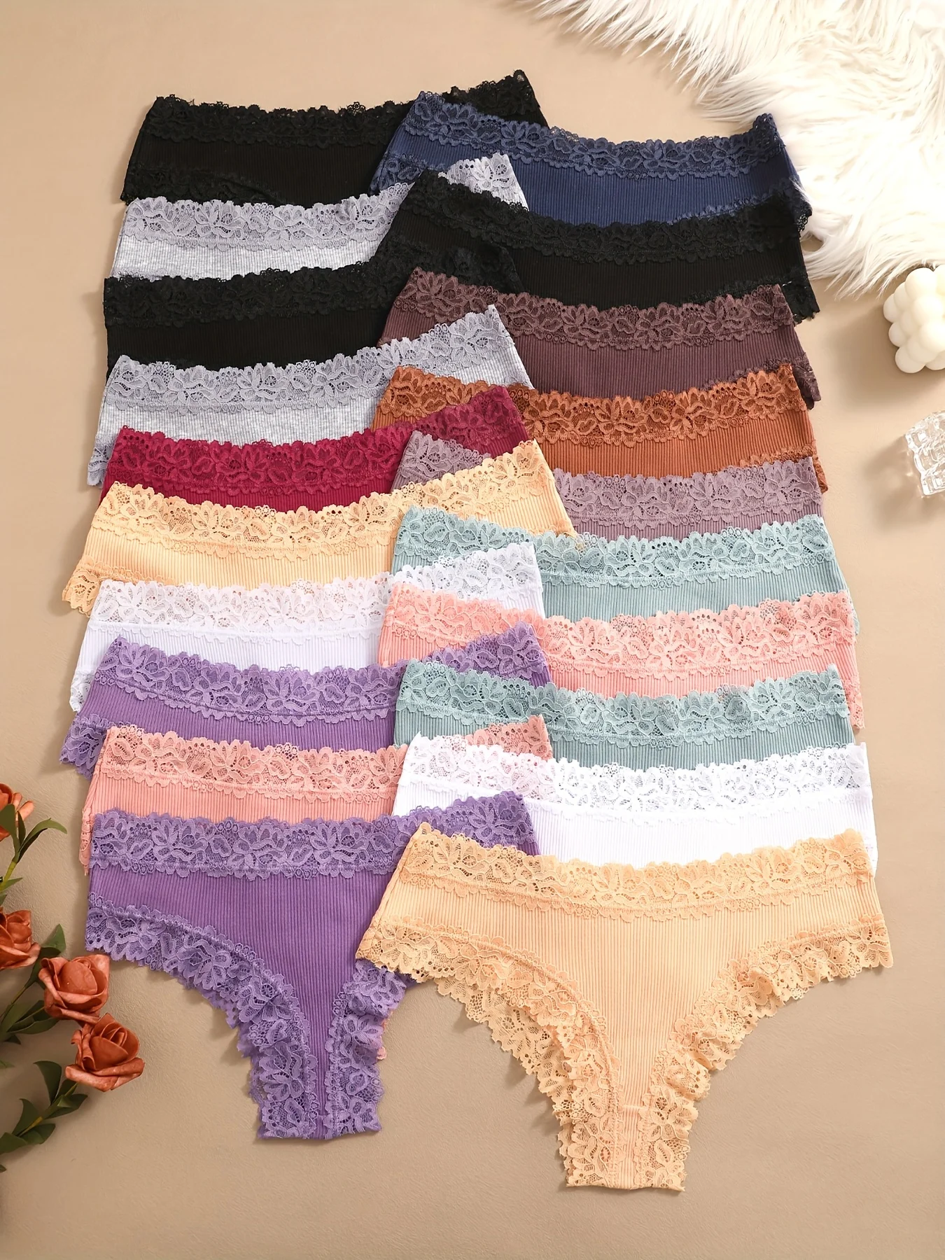 20Pcs Women's Sexy Lace Trim Panties Set | Multi-Color (Black/Red/Purple) | Brazilian Thongs/V-Strings | Drop Waist Design