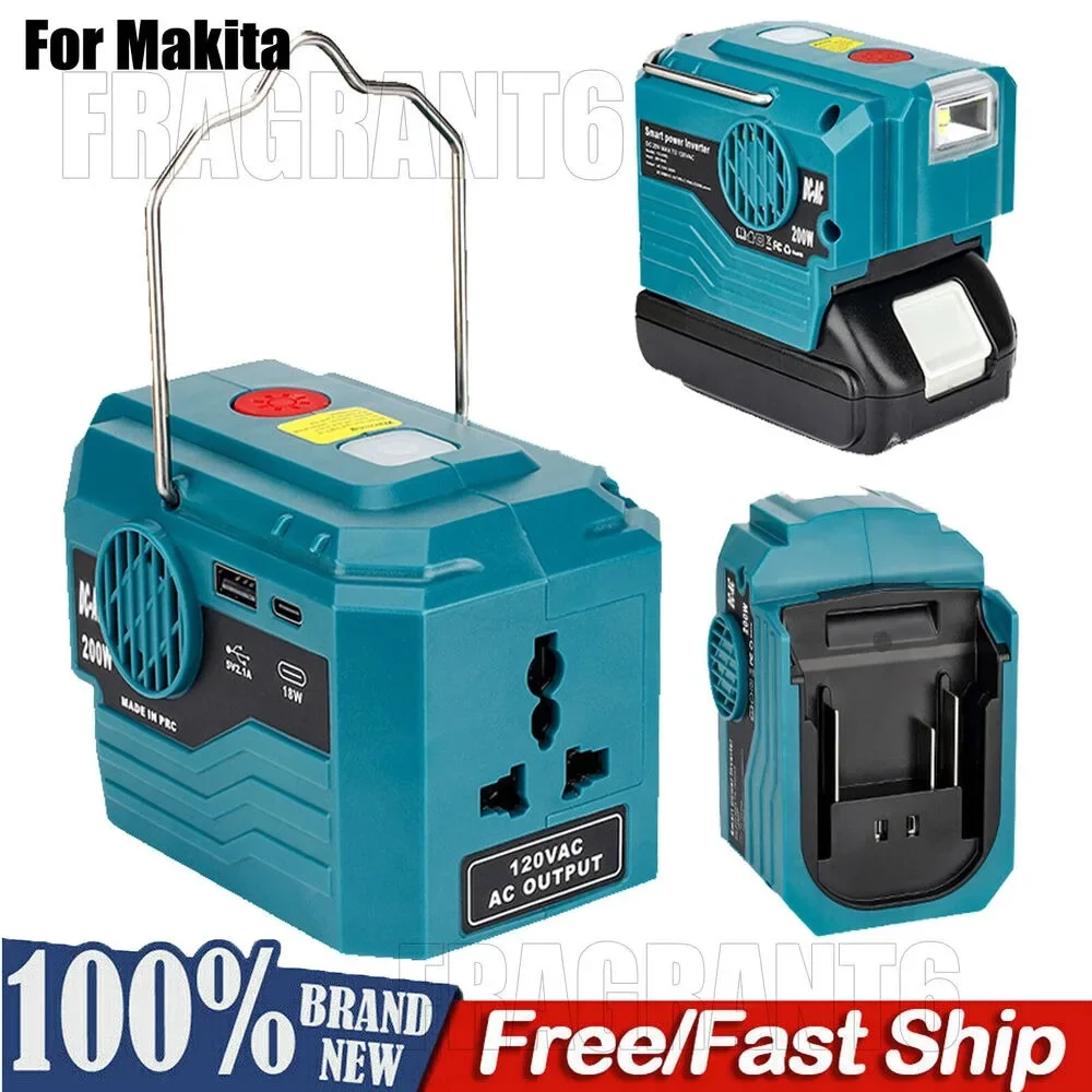 

200W Power Inverter for Makita 18V Battery To AC 120V/220V,Portable Power Supply Inverter with LED Work Light,USB Type-C Output