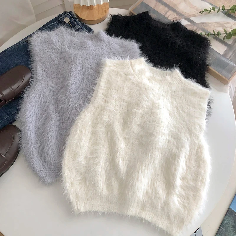 New Autumn And Winter Women Faux Mink Tank Tops Solid Sleeveless O-Neck Slim Fit Crop Tops Casual Jumpers For Women