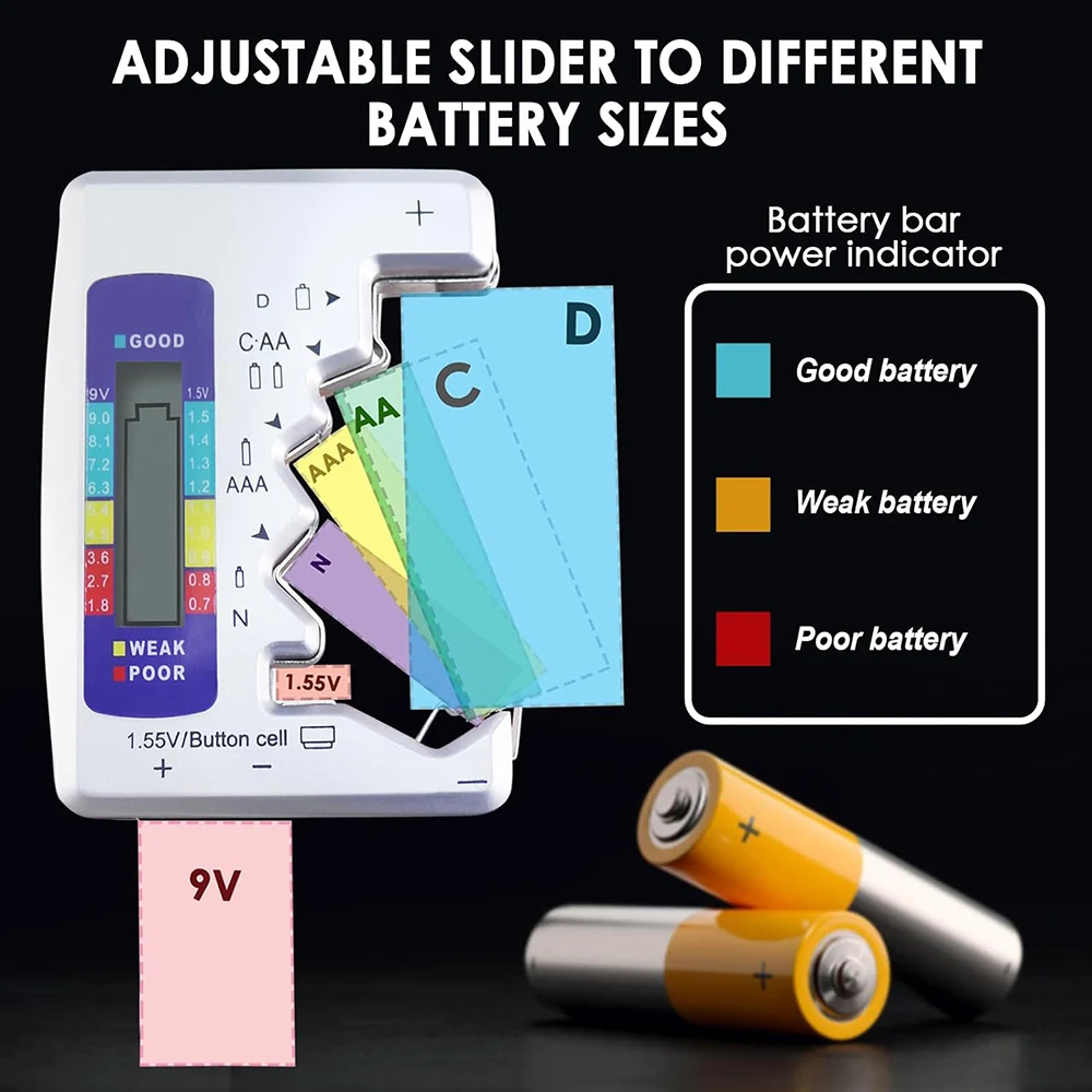 범용 배터리 용량 테스터 C AAA AA AA D N 9V 1.55V 단추 셀 리튬 배터리 테스터, LCD 디스플레이 배터리 볼트 검출기