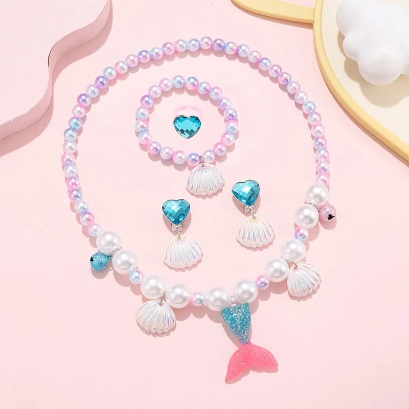 Girls Cute Jewelry Sets Mermaid Pearl Necklace Bracelet Ring Earring Set Kids Toys Children Princess Party Jewelry Accessories