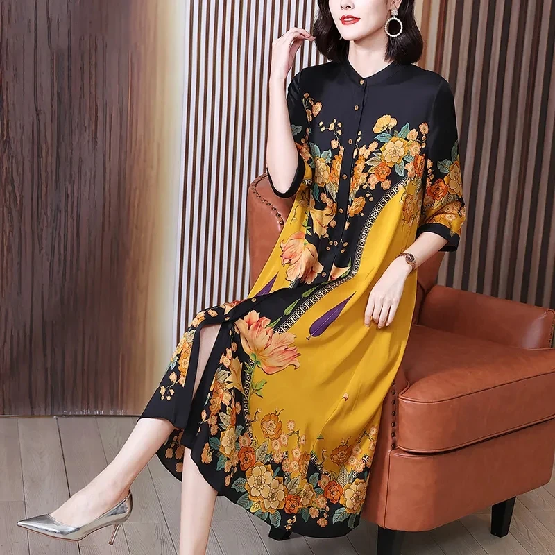 Temperament Silk Dress 2025 Spring Summer New Loose Large Size Long Dresses  Women High End Fashion Printed Maxi Dress Vestidos - AliExpress 200000345