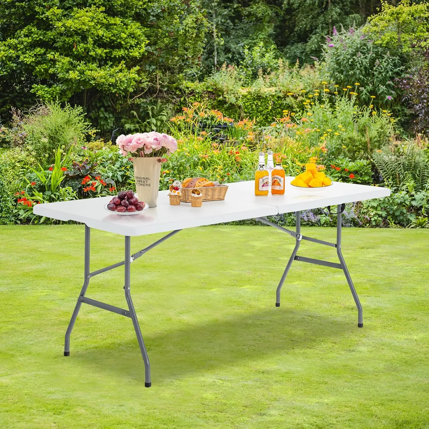 Goplus Folding Tables, 6Ft Foldable Plastic Card Table, Portable Heavy Duty Fold Up Table W/Handle, White Outdoor Utility 2