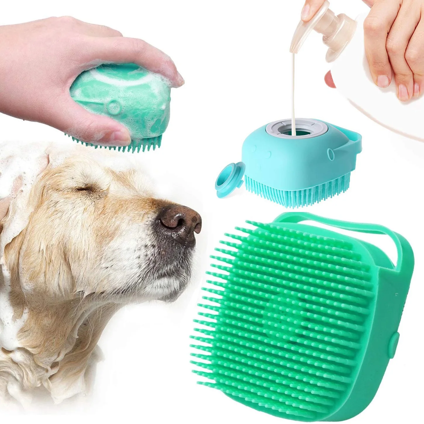 Pet Grooming Shower Brush Shampoo Dispenser Massage Soft Silicone 2in1 self Cleaning Dog Bath Brush
