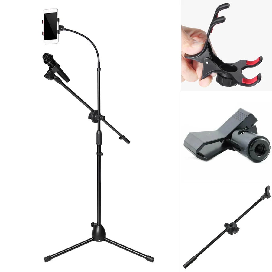 

Telescopic Microphone Floor Metal Tripod Flexible Phone Holder Clip Swing Boom Stage Bracket Microphone Holder Microphone Stand