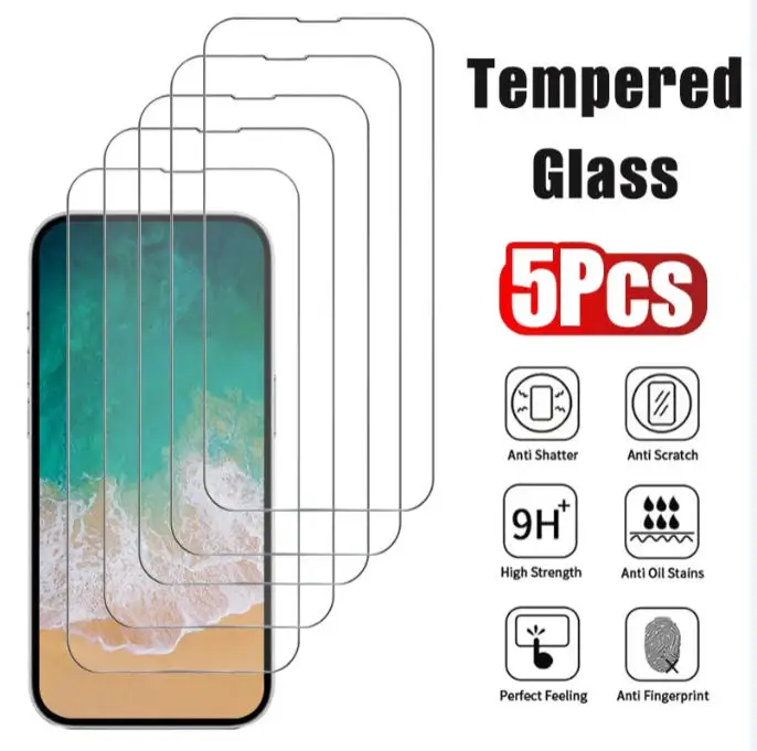 5 Películas de Vidro Temperado para iPhone 17 16 15 14 13 12 Pro Max, Protetor de Tela para iPhone 12 13 Mini 14 Plus 14 Pro