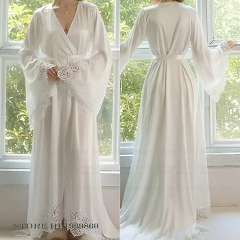Elegant White Lace Bride Wedding Robe Nightgown Sexy Long Kimono Bathrobw Gown Loose Ice Silk Home Dress Loungewear Lingerie