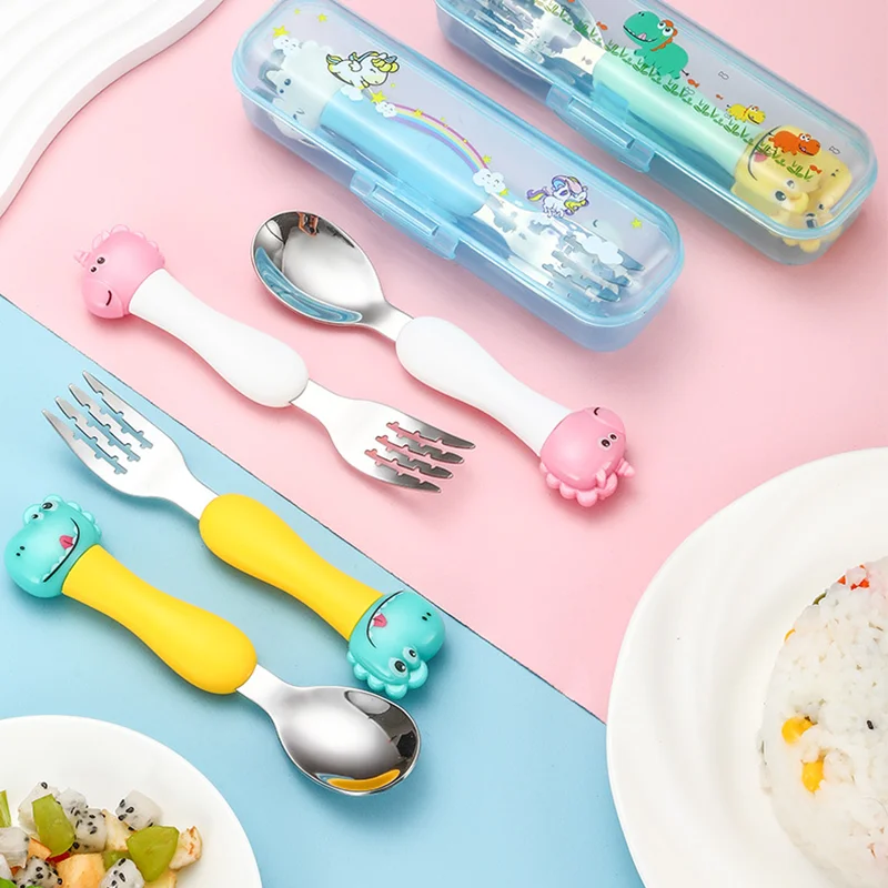 304 Stainless Steel Portable Children's Fork And Spoon Set Dinosaur Baby Cartoon Tableware Baby Learning To Eat Training Cutlery