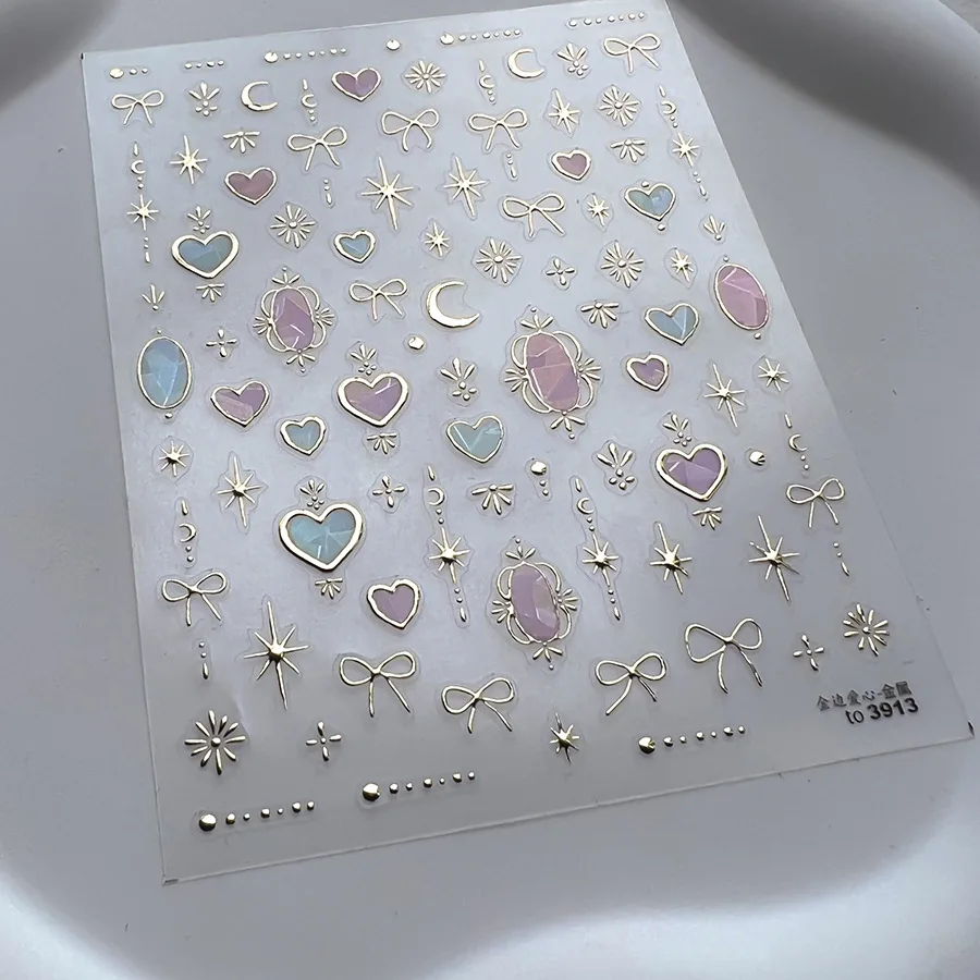 1pcs 5D Shell Light Nail Stickers Shoiny Gold Border Love Heart Bowknot Moon Star Nai Art Decal Manicure Decorations 6