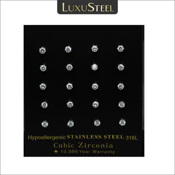 LUXUSTEEL-여성용 크리스탈 스터드 귀걸이 10 쌍, 실버 도금 스테인레스 스틸 라운드 큐빅 지르코니아 소녀용 멋진 선물 3-10mm
