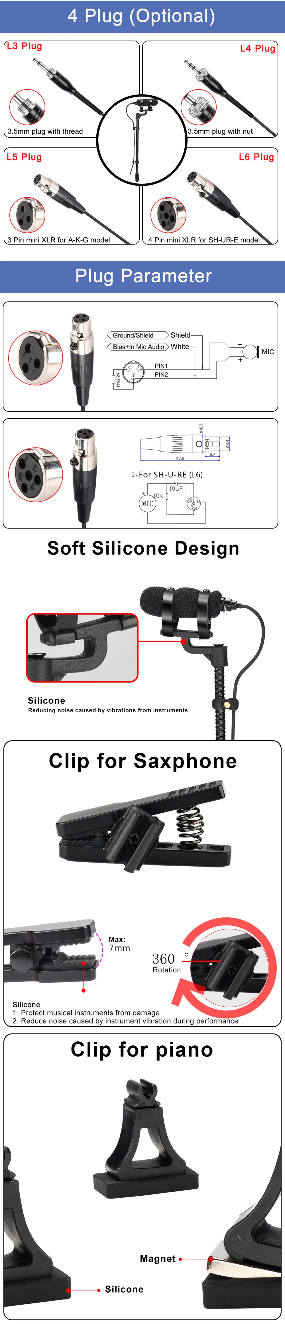 3.5mm 3 Pin 4 PIN Wind Instrument Saxophone Microphone Portable Supercardioid Wired Condenser Mic for Sax Violin Piano IM-22