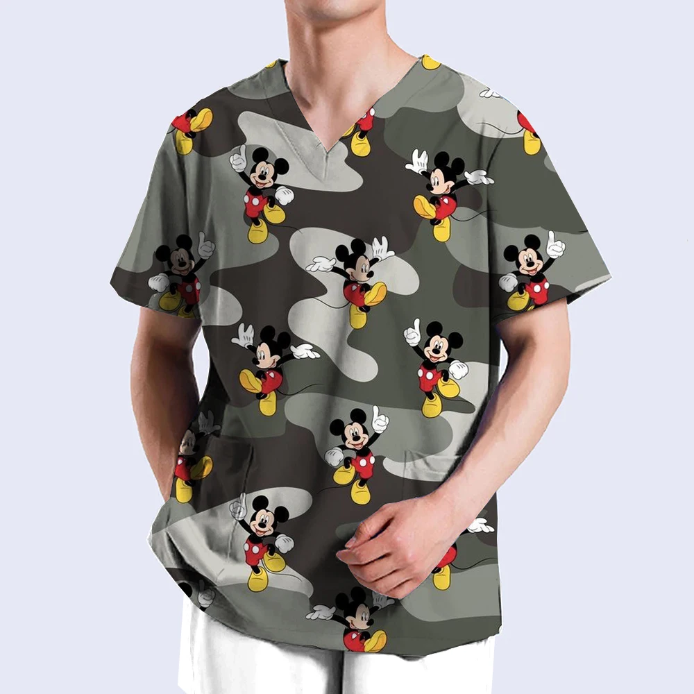 thumbnail image 1 of Camiseta de enfermería con estampado de Minnie y Mickey de Disney para hombre, tops casuales, manga corta, bolsillo con cuello en V, uniforme para mujer neutral, 1 of 4