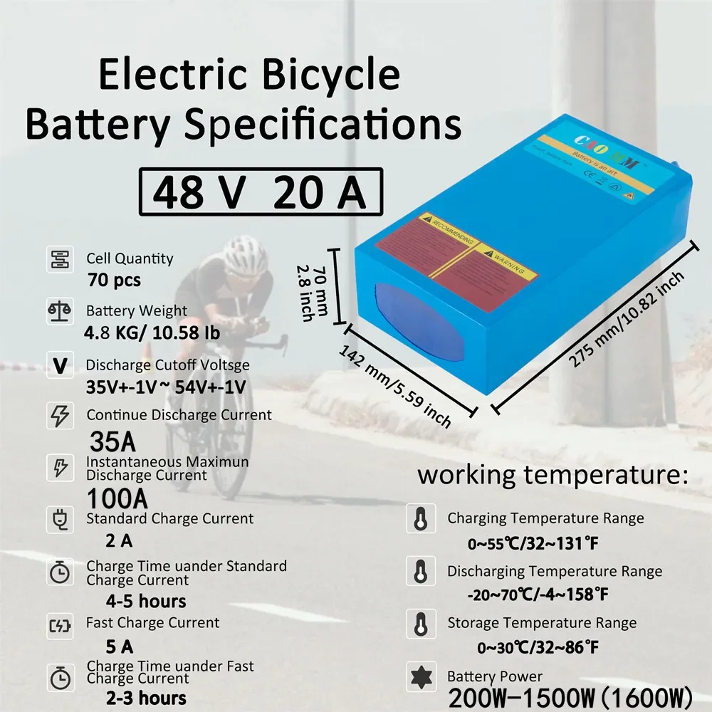 Cao MM 48V 20Ah Battery Pack tesla Li-ion 18650 Electric Bike Scooter 13S7P for ebike Conversion Kit with Charger