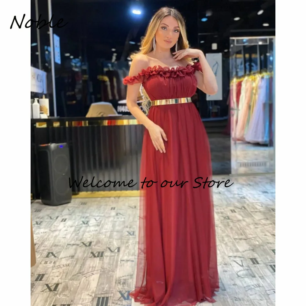 

Noble Elegant Off The Shoulder Formal Occasion Gowns Belt Evening Dress Pleated Party Dress for Women Long Prom Gown