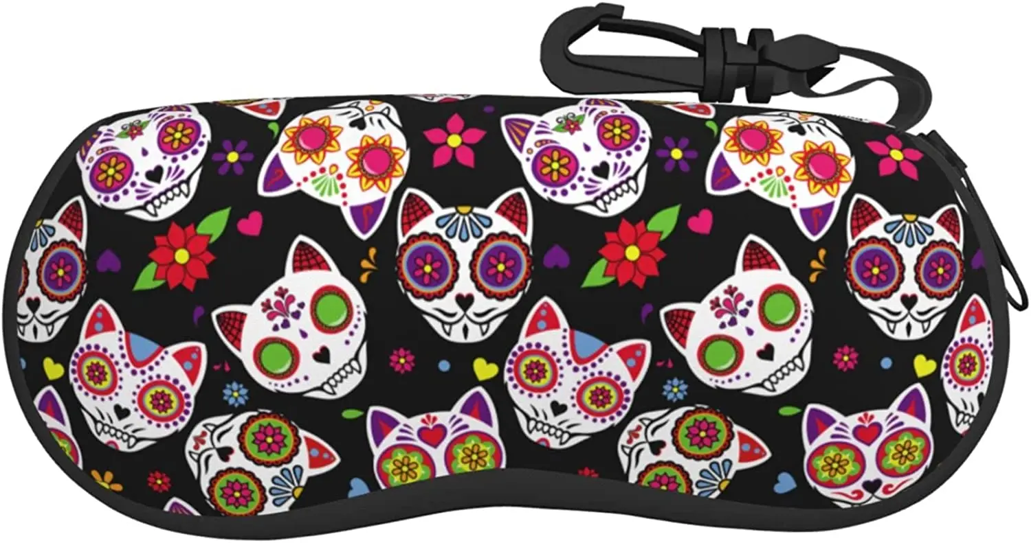Day of the Dead Sugar 스컬 캣 선글라스 케이스, 초경량 안경케이스, 네오프렌 선글라스 케이스, 안경케이스, 파우치, 클립 포함